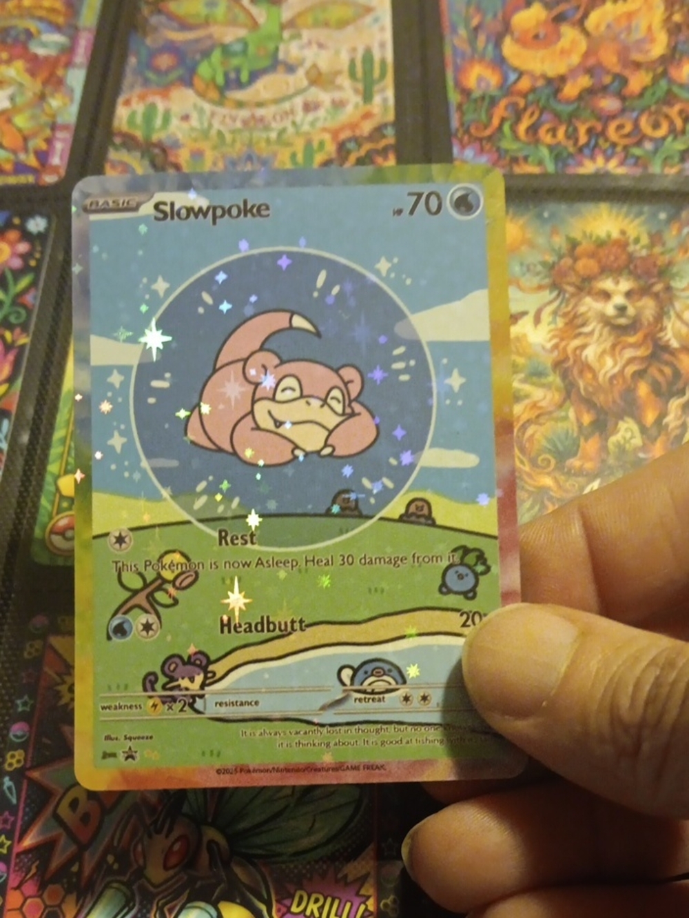 Pokemon Slowpoke Holographic Card - Pink, Blue, Green, Yellow